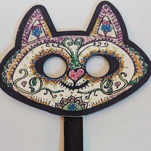 OOAK Sugar Skull Cat Halloween Wood Mask Muertos Artist Masquerade Costume DDLM